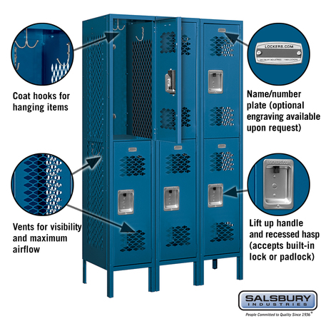 Salsbury Industries 2 Tier Vented Locker, 36"Wx66"Hx15"D, 6 Door, Blue, Unassembled 72355BL-U